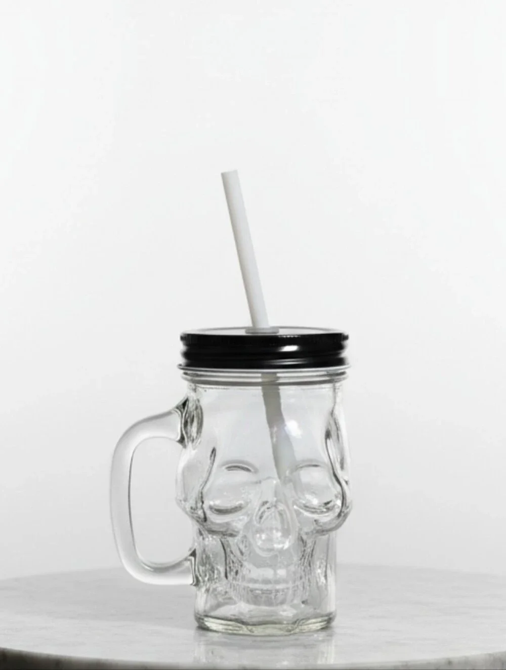 Clear Skull Mason Jar Mug with Black Lid and White Straw - Home Dining